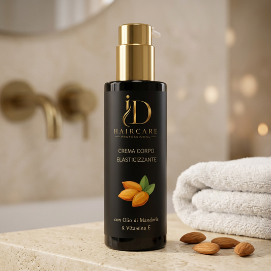 Crema Corpo Elasticizzante ID Hair Care Professional ambientata con mandorle e asciugamano