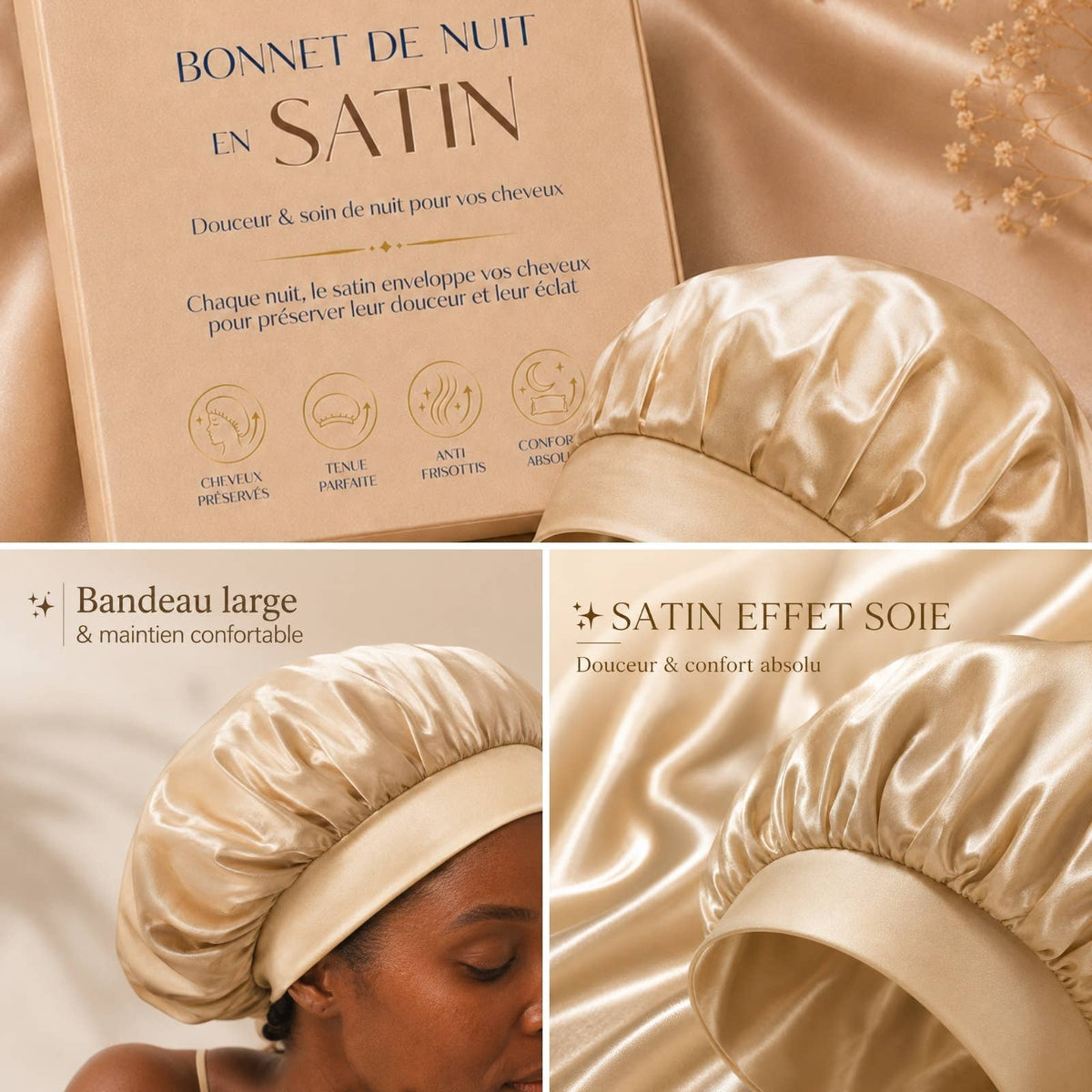 Zen'Arôme - Cuffia da notte in satin effetto seta champagne dorato