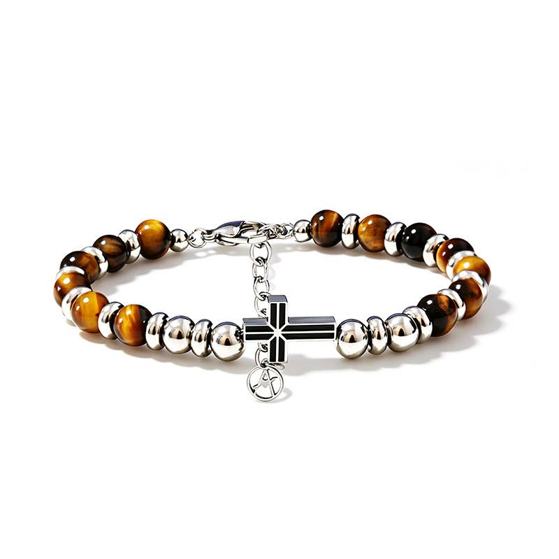 BRACCIALE UOMO CON PIETRE OCCHIO DI TIGRE E CROCE