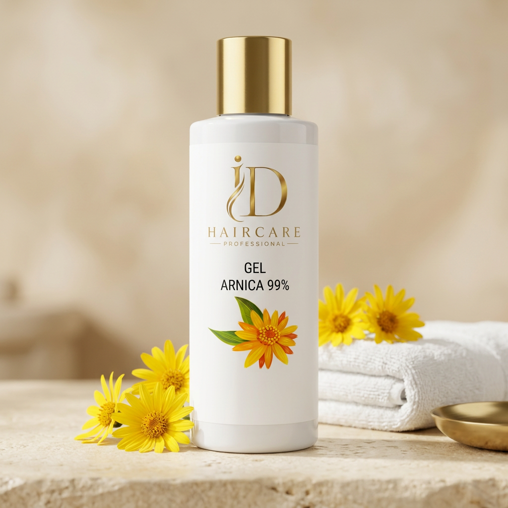 Gel Arnica 99% ID Hair Care Professional ambientato con fiori di arnica