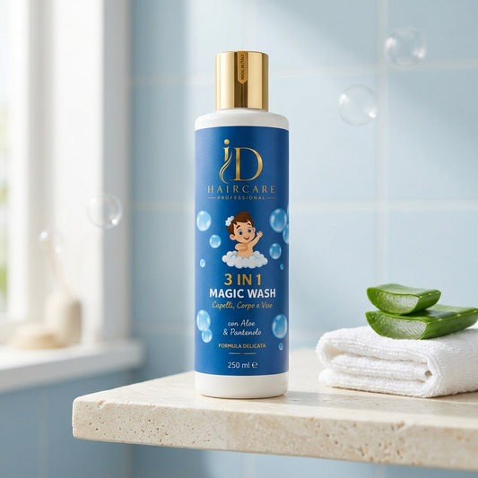 3 in 1 Magic Wash Bubble Kids ID Hair Care Professional ambientato con aloe e asciugamano