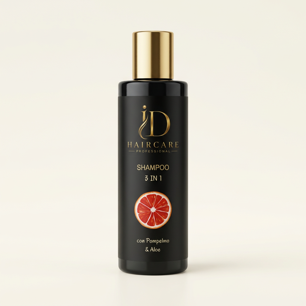 Shampoo 3 in 1 con Pompelmo e Aloe con nuovo logo ID, su sfondo avorio