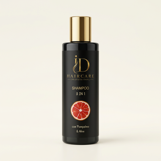 Shampoo 3 in 1 con Pompelmo e Aloe con nuovo logo ID, su sfondo avorio