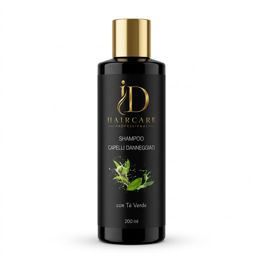 Simulazione del flacone di shampoo capelli danneggiati con Tè Verde da 200 ml con nuovo logo ID Haircare Professional su fondo bianco