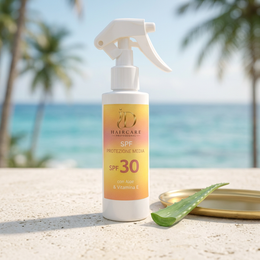 Spray SPF 30 ID Hair Care Professional ambientato in stile costiero avorio e oro