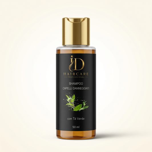 Shampoo Capelli Danneggiati con Tè Verde ID Hair Care Professional 50 ml su sfondo chiaro